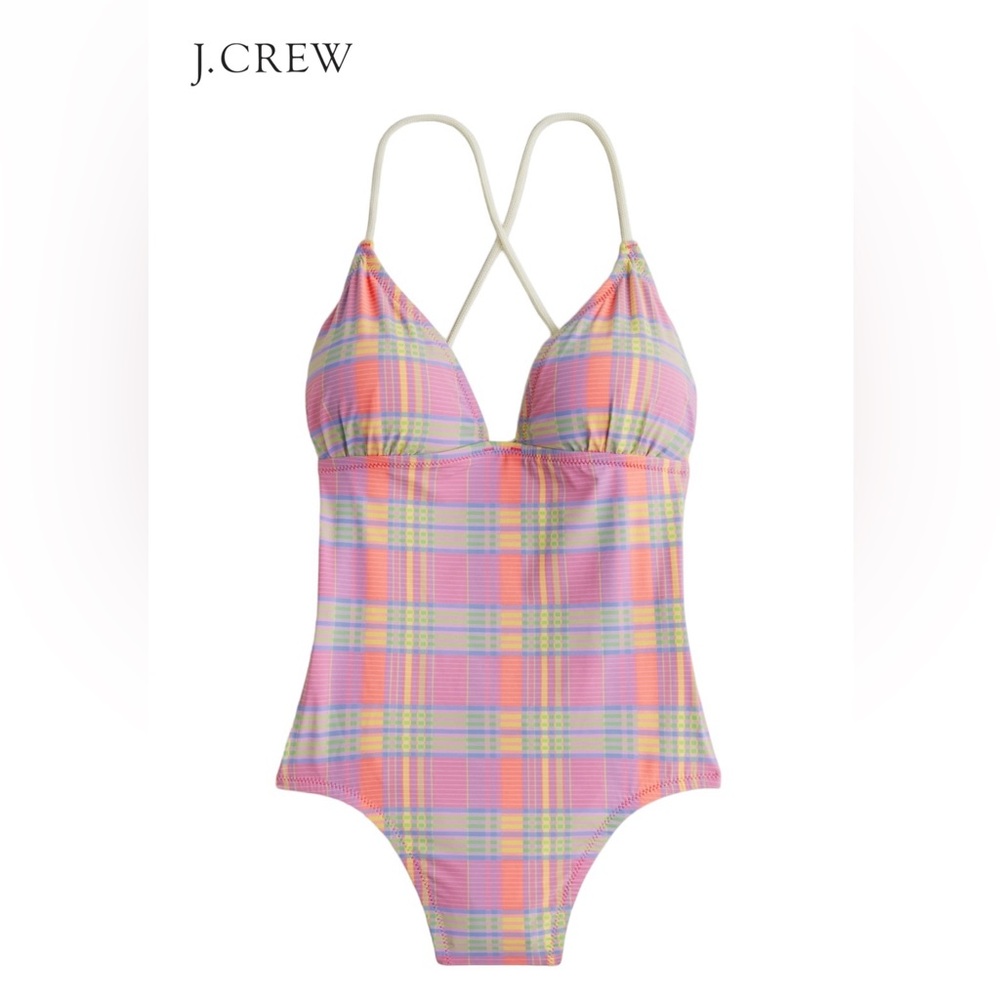 J. Crew NWT Strappy Cross-Back One Piece Swimsuit Sunset Plaid Size 20 Pink